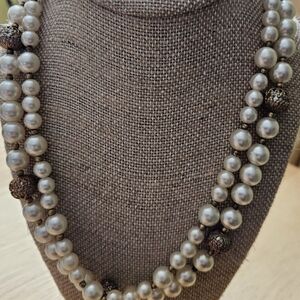 Vintage Double Strand Faux Pearl Necklace Gold Accent Beads gold tone accent J18